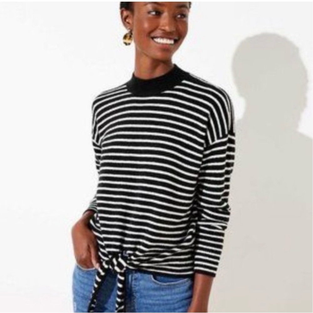 LOFT Black and White Striped Tie-Front Mock Turtleneck Sweater Size M. NWOT.